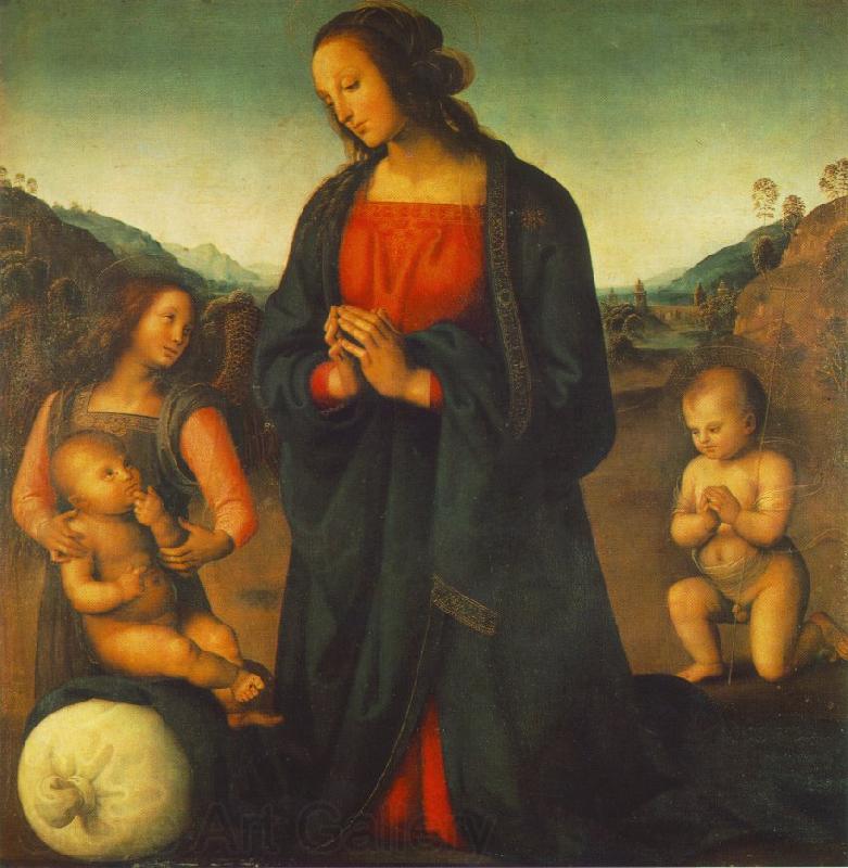 PERUGINO, Pietro Madonna, an Angel and Little St John Adoring the Child (Madonna del sacco) R Spain oil painting art